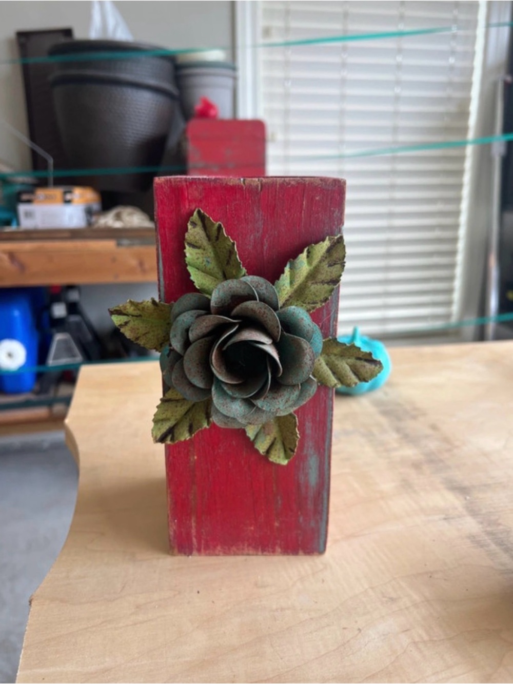 Red Wooden Block with Green Metal Flower Accent - Decorative Home Accent